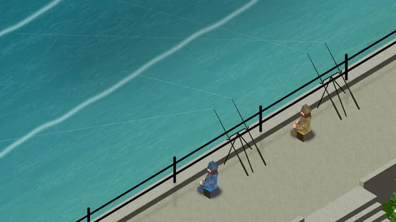 Dois pescadores sentados num paredão, com canas apoiadas sobre o mar, no Seacraft